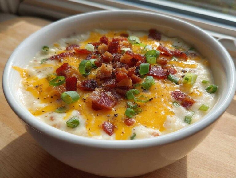 Close-up of a bowl of creamy loaded baked potato soup topped with melted cheddar cheese, bacon bits, and green onions.