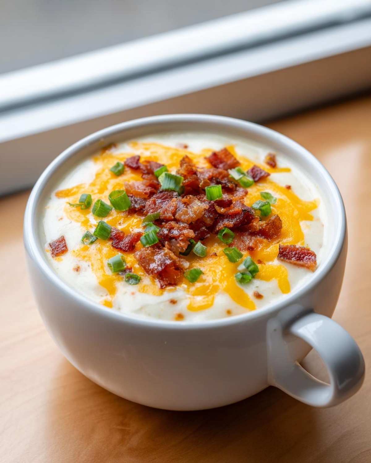 Close-up of creamy loaded baked potato soup topped generously with melted cheddar cheese, crispy bacon bits, and green onions.