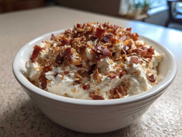 Close-up of a white bowl filled with creamy Neiman Marcus dip, generously topped with crumbled bacon and chopped pecans.
