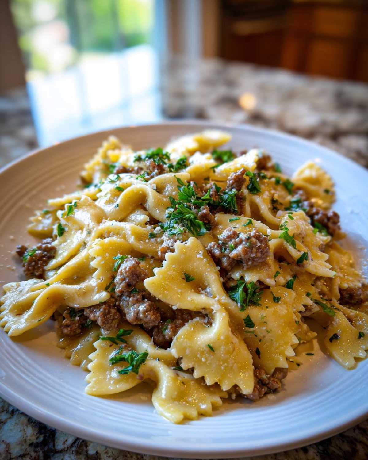 Close-up of creamy parmesan garlic beef bowtie pasta tossed with ground meat and garnished with fresh parsley on a white plate.