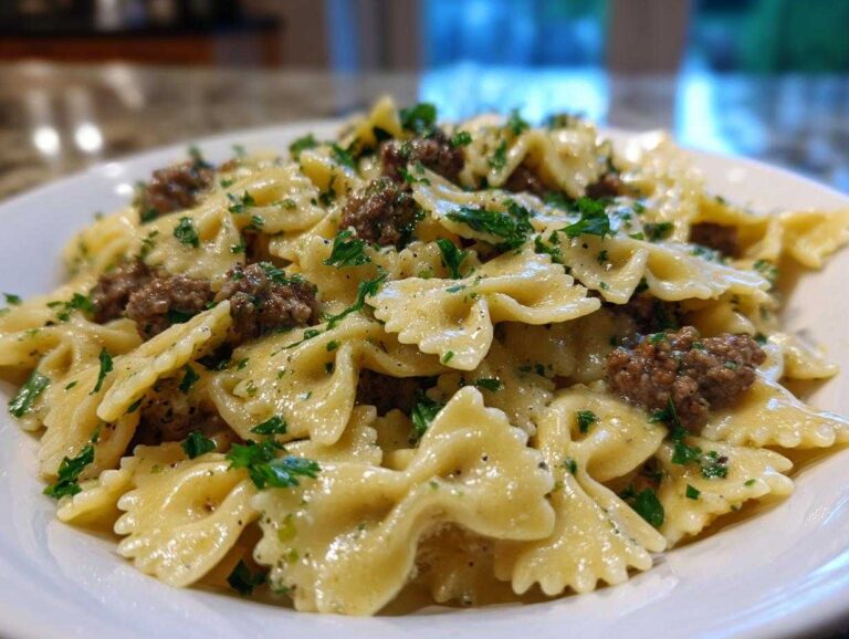 Close-up of creamy parmesan garlic beef bowtie pasta tossed in a rich sauce and topped with fresh parsley.