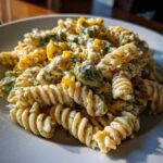 Close-up of a serving of creamy pickle pasta salad made with fusilli pasta, pickles, and herbs.