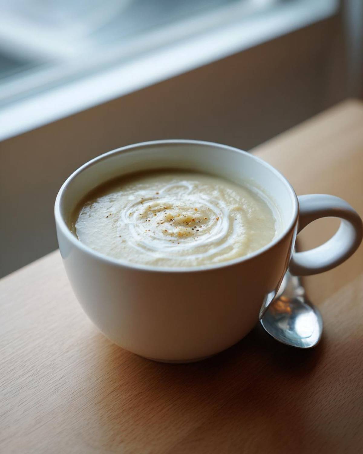 A creamy bowl of roasted cauliflower soup, garnished with pepper, sitting on a wooden table near a window.