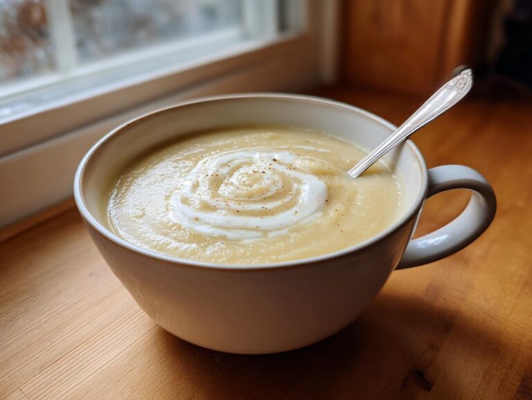 A creamy bowl of roasted cauliflower soup, garnished with a swirl of cream and pepper, sitting on a wooden surface.