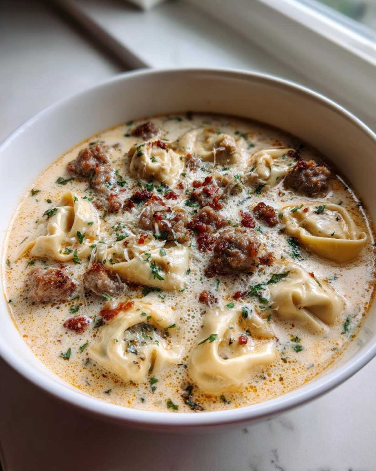 Close-up of a white bowl filled with creamy sausage tortellini soup, topped with crumbled sausage and fresh parsley.