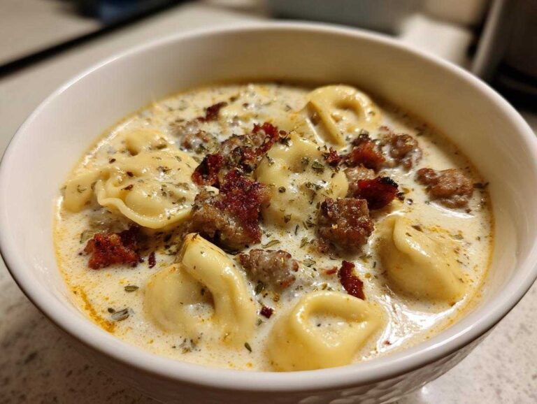 Close-up of a white bowl filled with creamy sausage tortellini soup, topped with crumbled sausage and herbs.