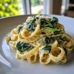 Close-up of creamy spinach pasta tossed in a rich sauce and topped with grated Parmesan cheese.