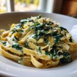 A close-up of creamy spinach pasta made with fettuccine, covered in a rich sauce and topped with grated cheese.
