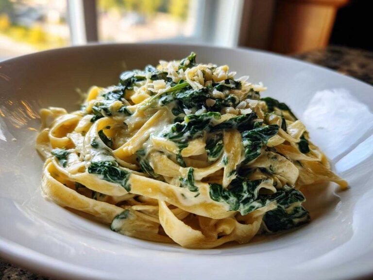 A close-up of creamy spinach pasta made with fettuccine, covered in a rich sauce and topped with grated cheese.