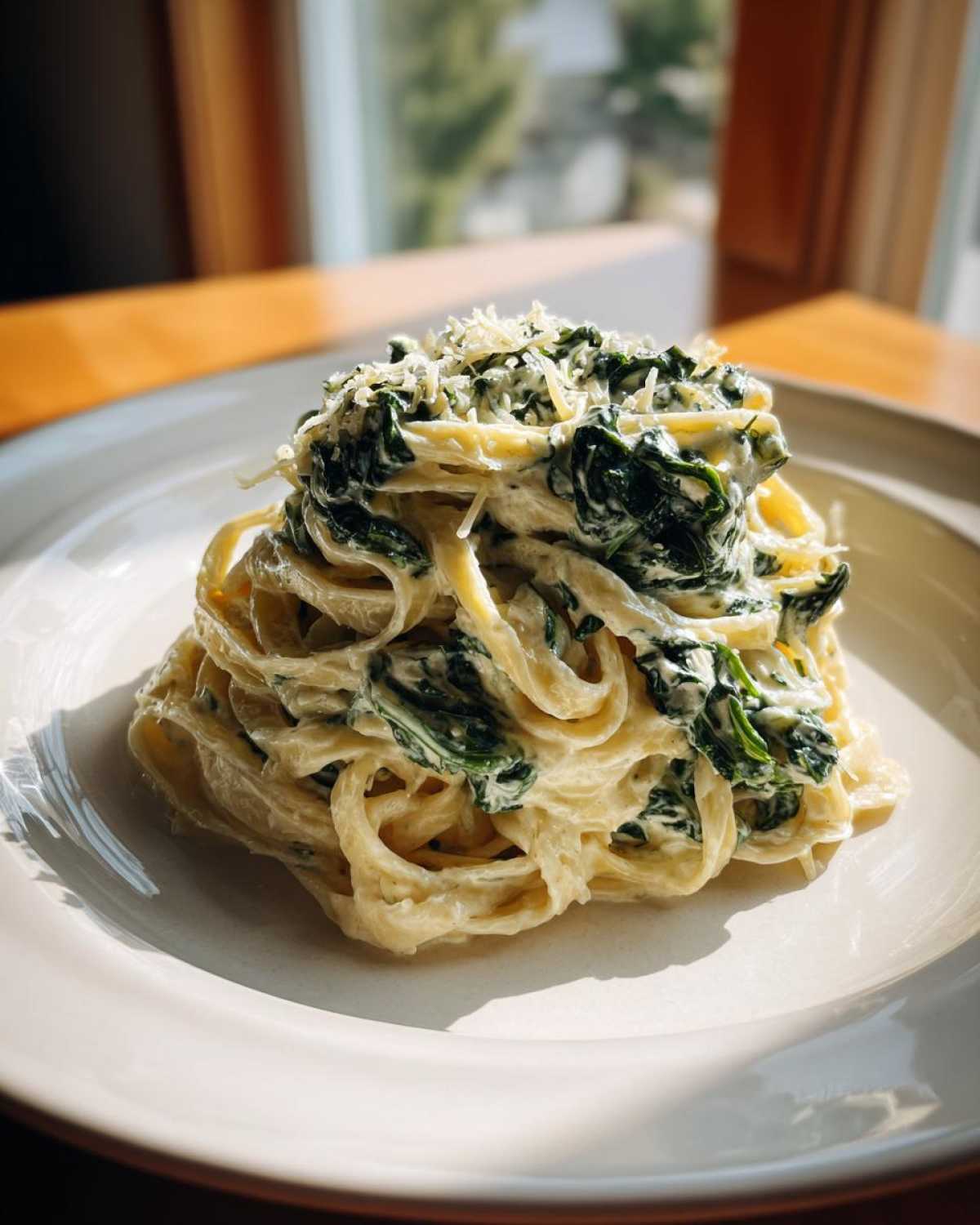A close-up of creamy spinach pasta tossed in a rich sauce and topped with grated Parmesan cheese.
