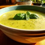 Close-up of a bowl of creamy, bright green vegan zucchini soup topped with fresh basil leaves.