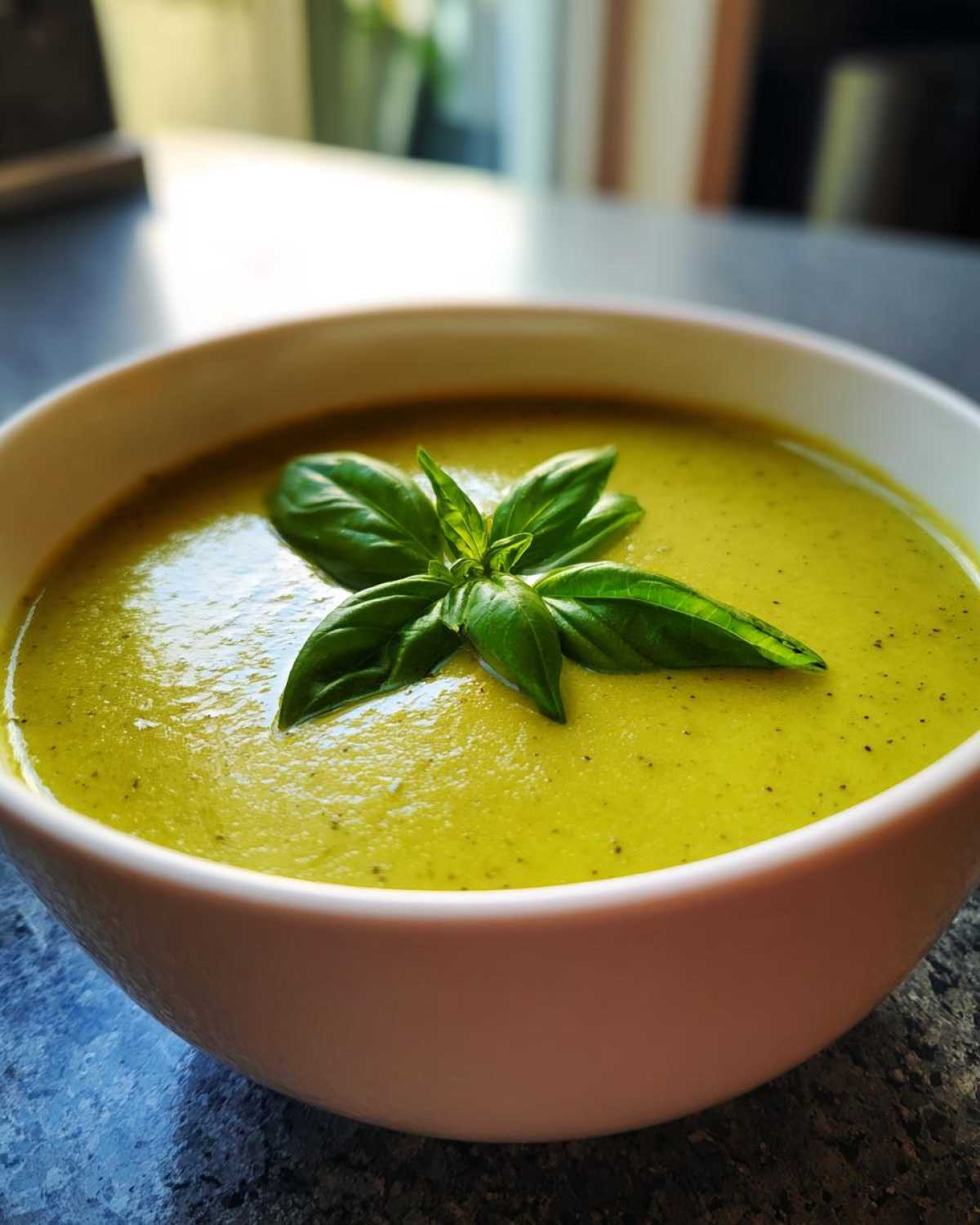 Close-up of creamy vegan zucchini soup in a white bowl, topped with fresh basil leaves.