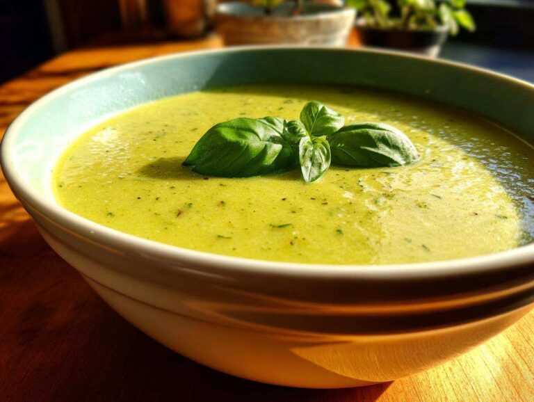 Close-up of a bowl of creamy, bright green vegan zucchini soup topped with fresh basil leaves.