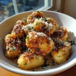 Golden brown, crispy air fryer gnocchi topped with grated Parmesan cheese and fresh parsley in a white bowl.