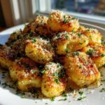 A pile of golden, crispy air fryer gnocchi topped generously with grated Parmesan cheese and fresh chopped parsley.