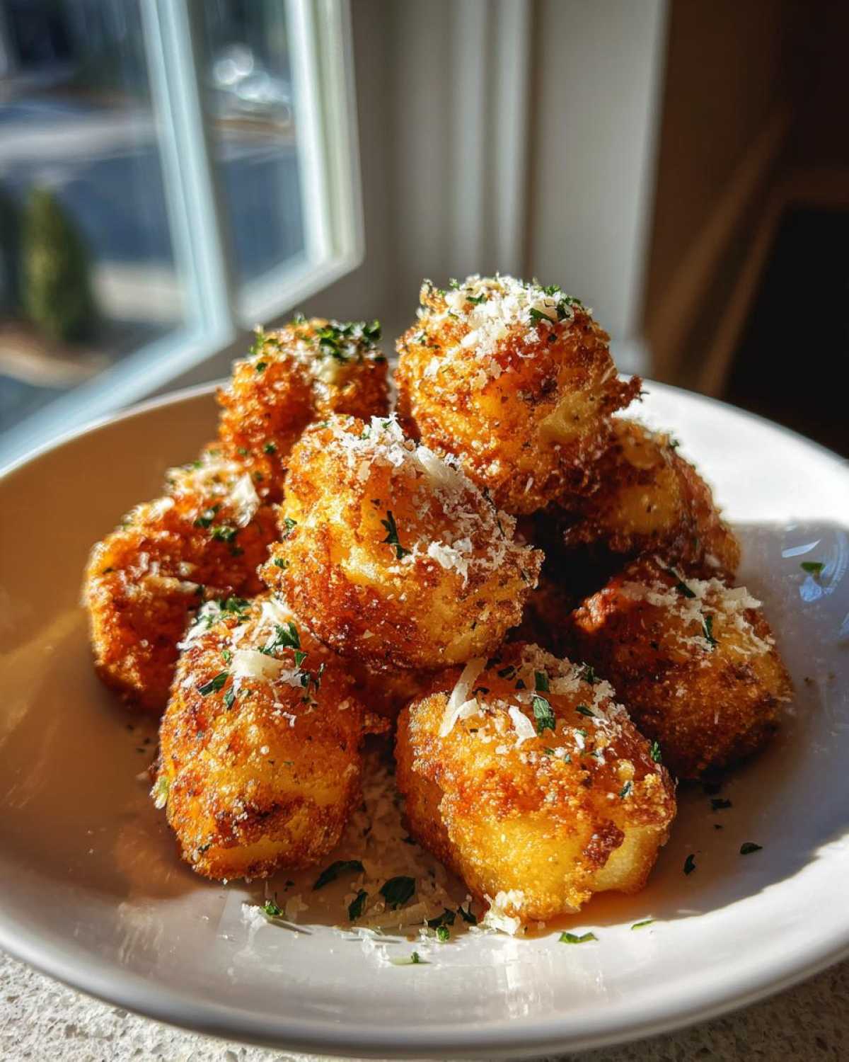 Golden brown, crispy air fryer gnocchi piled high and topped with grated Parmesan cheese and fresh parsley.