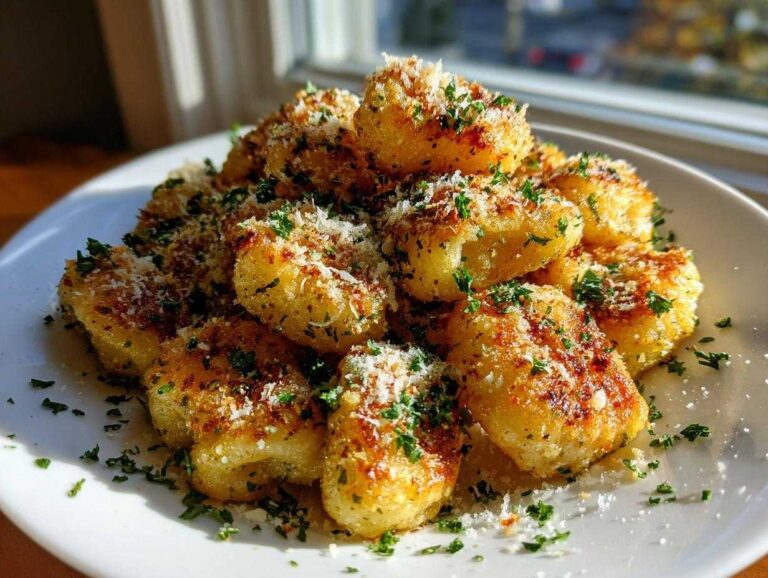 A pile of golden, crispy air fryer gnocchi topped generously with grated Parmesan cheese and fresh chopped parsley.