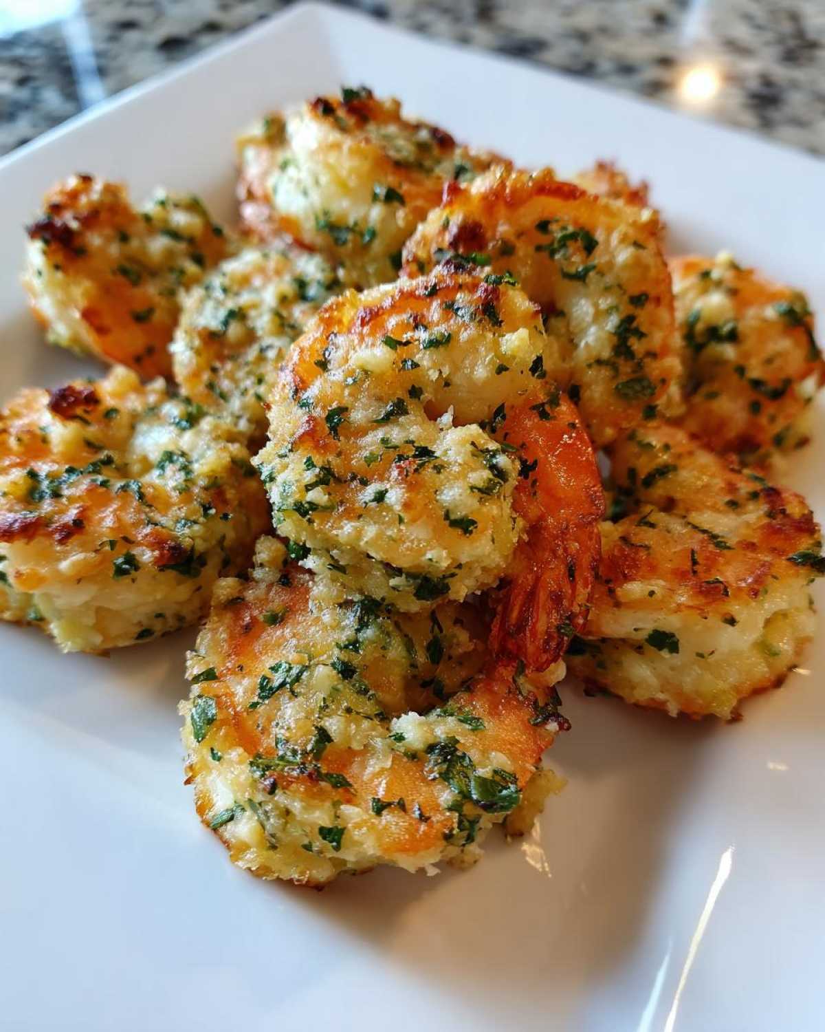 Close-up of golden, crispy air fryer shrimp coated in garlic and parsley served on a white plate.