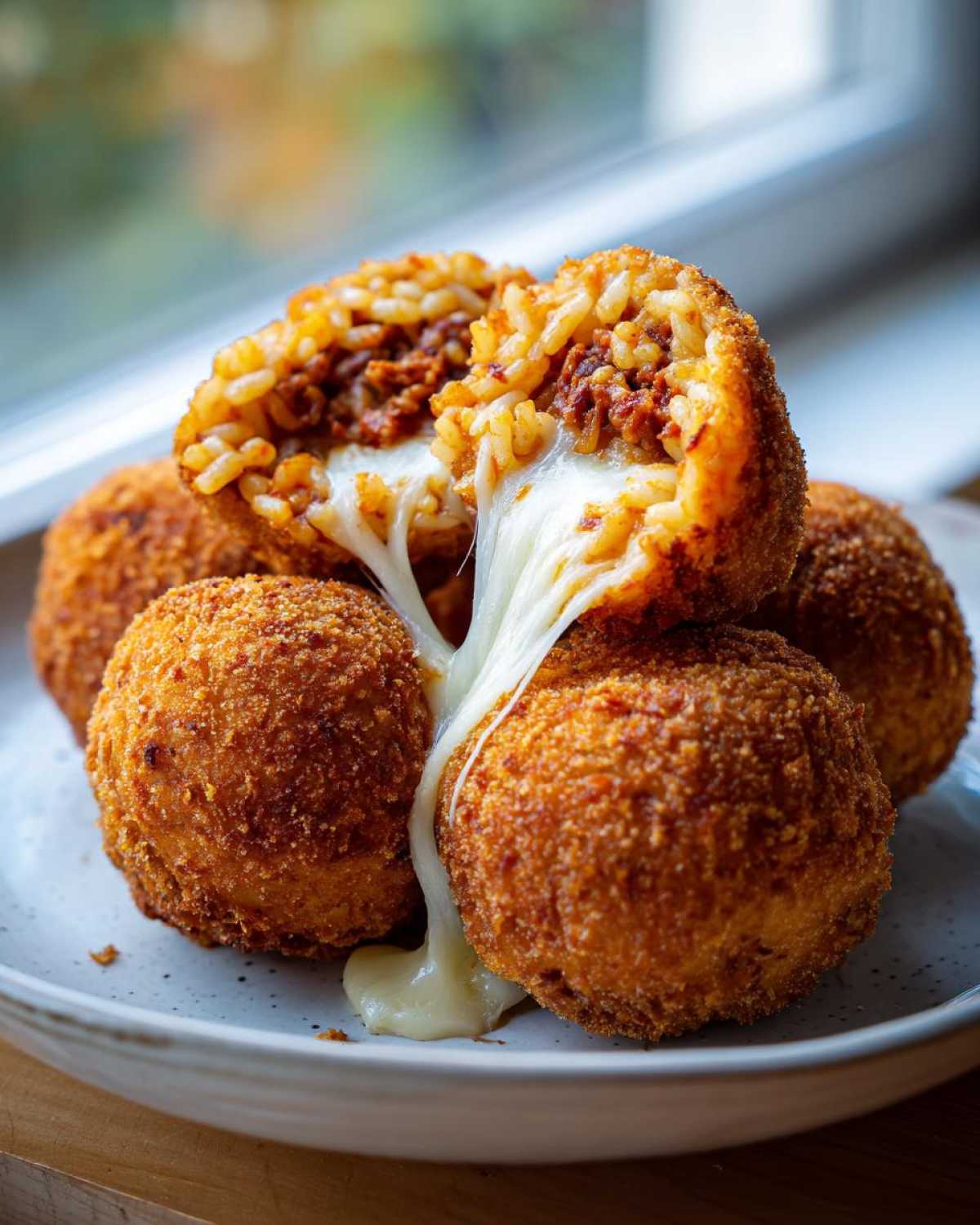 Close-up of crispy fried rice balls, one cut open revealing melted cheese stretching out.