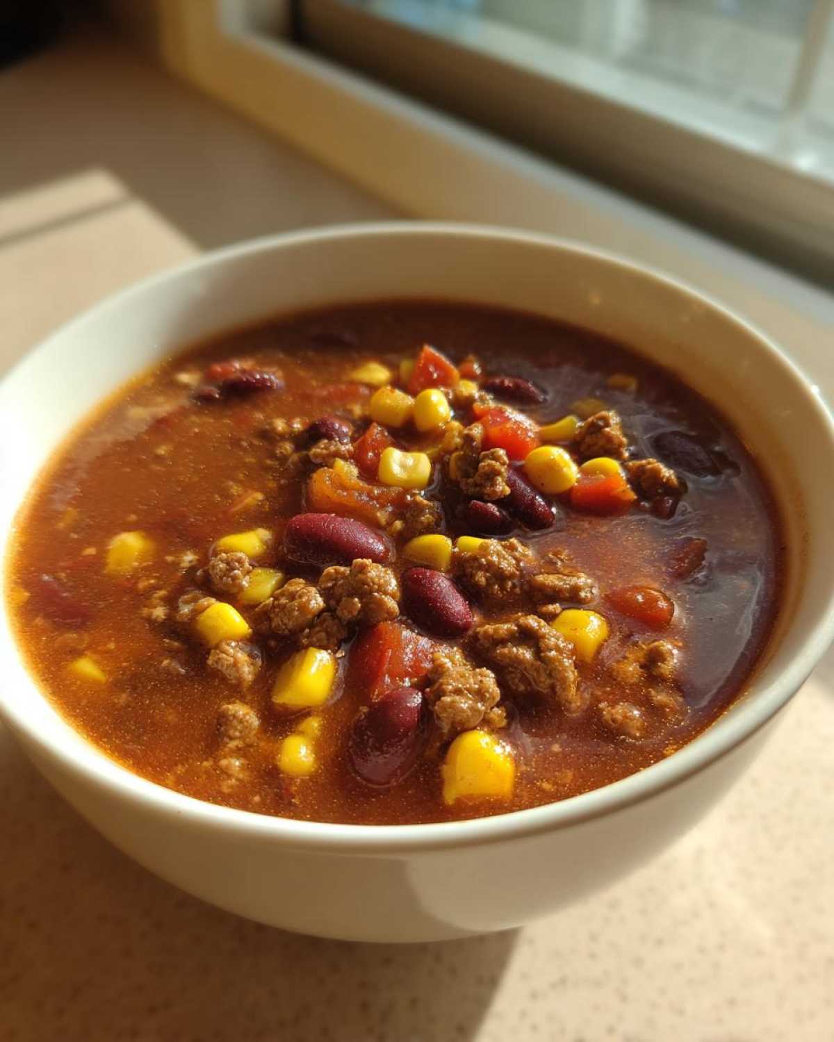 A close-up of a white bowl filled with rich, savory crockpot cowboy soup, featuring ground beef, kidney beans, and corn.