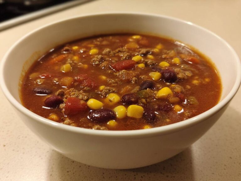 A close-up of a white bowl filled with steaming crockpot cowboy soup, featuring ground beef, kidney beans, and corn.