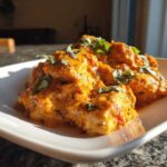 Close-up of tender chicken pieces coated in a rich, creamy orange sauce, garnished with fresh basil, ready to serve.