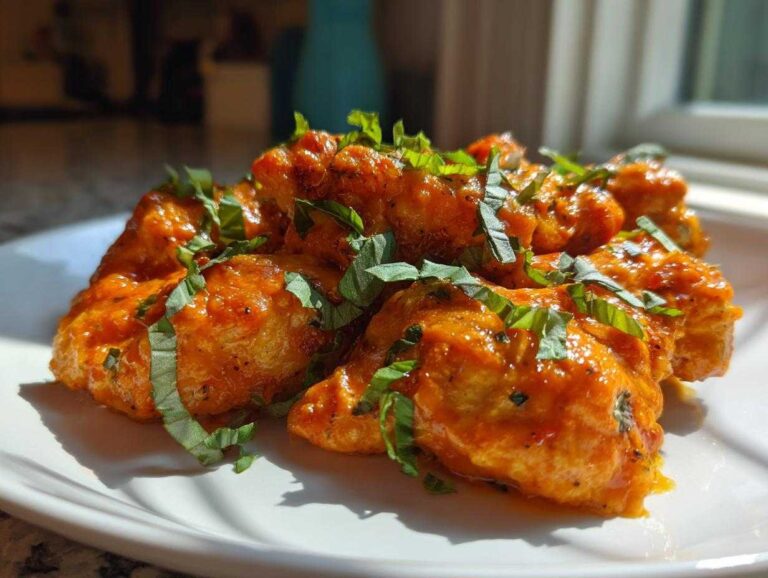 Close-up of creamy, orange-sauced chicken pieces garnished with fresh basil, representing crockpot marry me chicken.