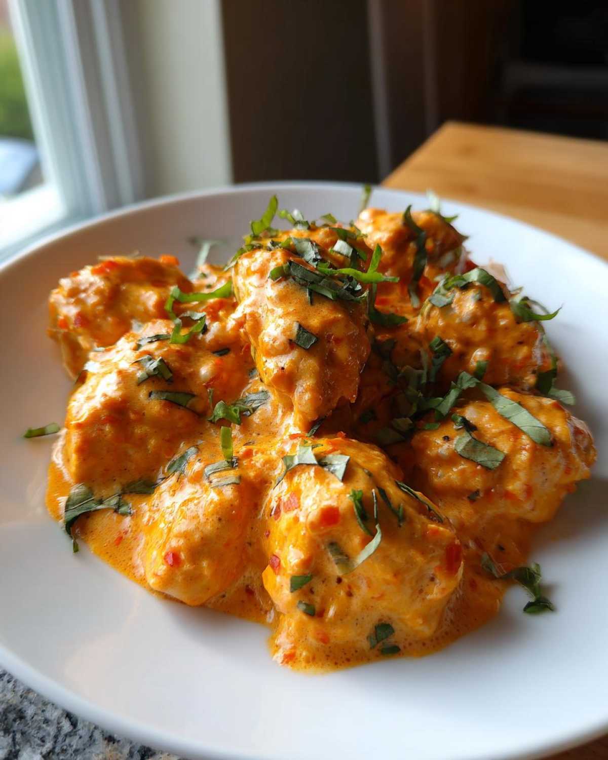 Close-up of tender chicken pieces smothered in creamy orange sauce, garnished with fresh basil, ready to serve the crockpot marry me chicken.