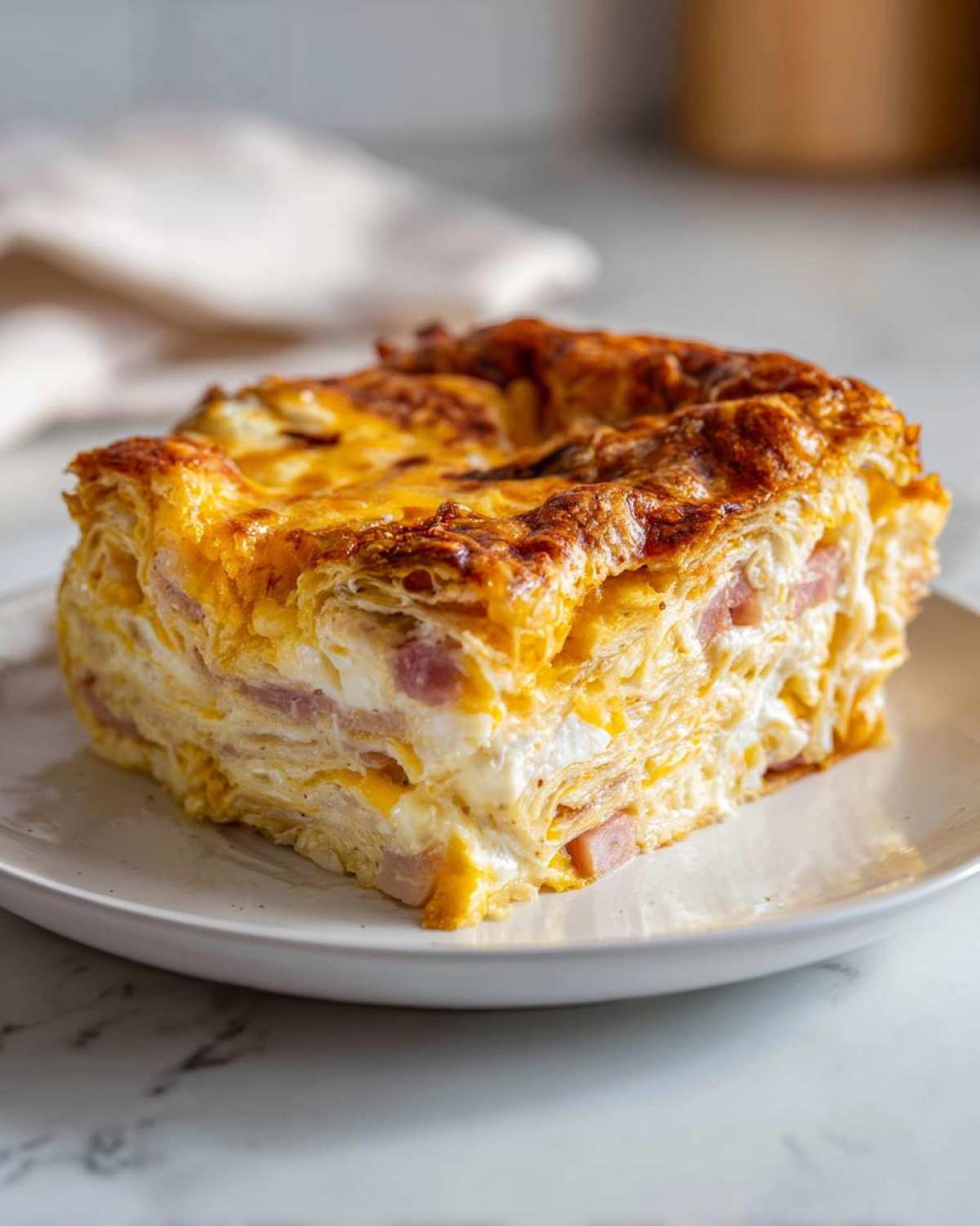 A thick, square slice of Croissant Breakfast Casserole showing flaky layers, ham, and melted cheese.