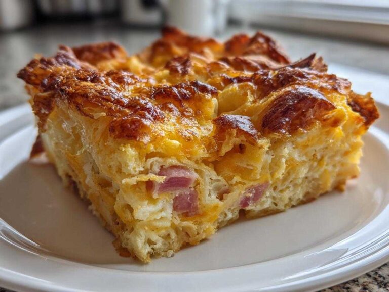 A close-up of a golden-brown slice of Croissant Breakfast Casserole with visible ham pieces on a white plate.