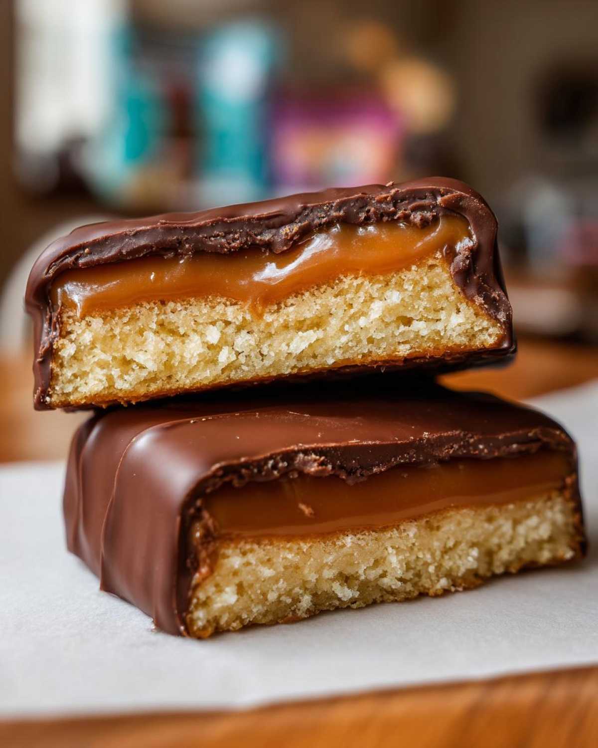 Close-up of two homemade twix cookies stacked, showing the shortbread base, gooey caramel layer, and chocolate coating.