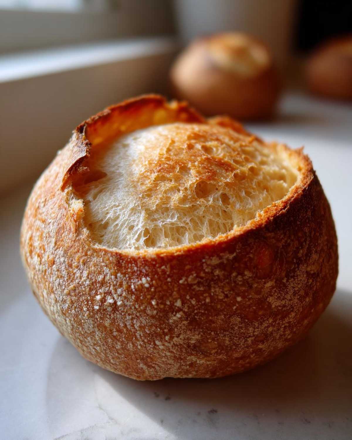 Close-up of a single, round, crusty bread bowl with the top cut out, showing the airy interior crumb.