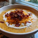 A creamy bowl of easy crockpot potato soup topped with shredded cheese, sour cream, and crispy bacon bits.