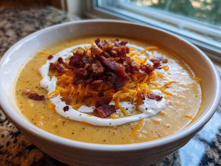 A creamy bowl of easy crockpot potato soup topped with shredded cheese, sour cream, and crispy bacon bits.