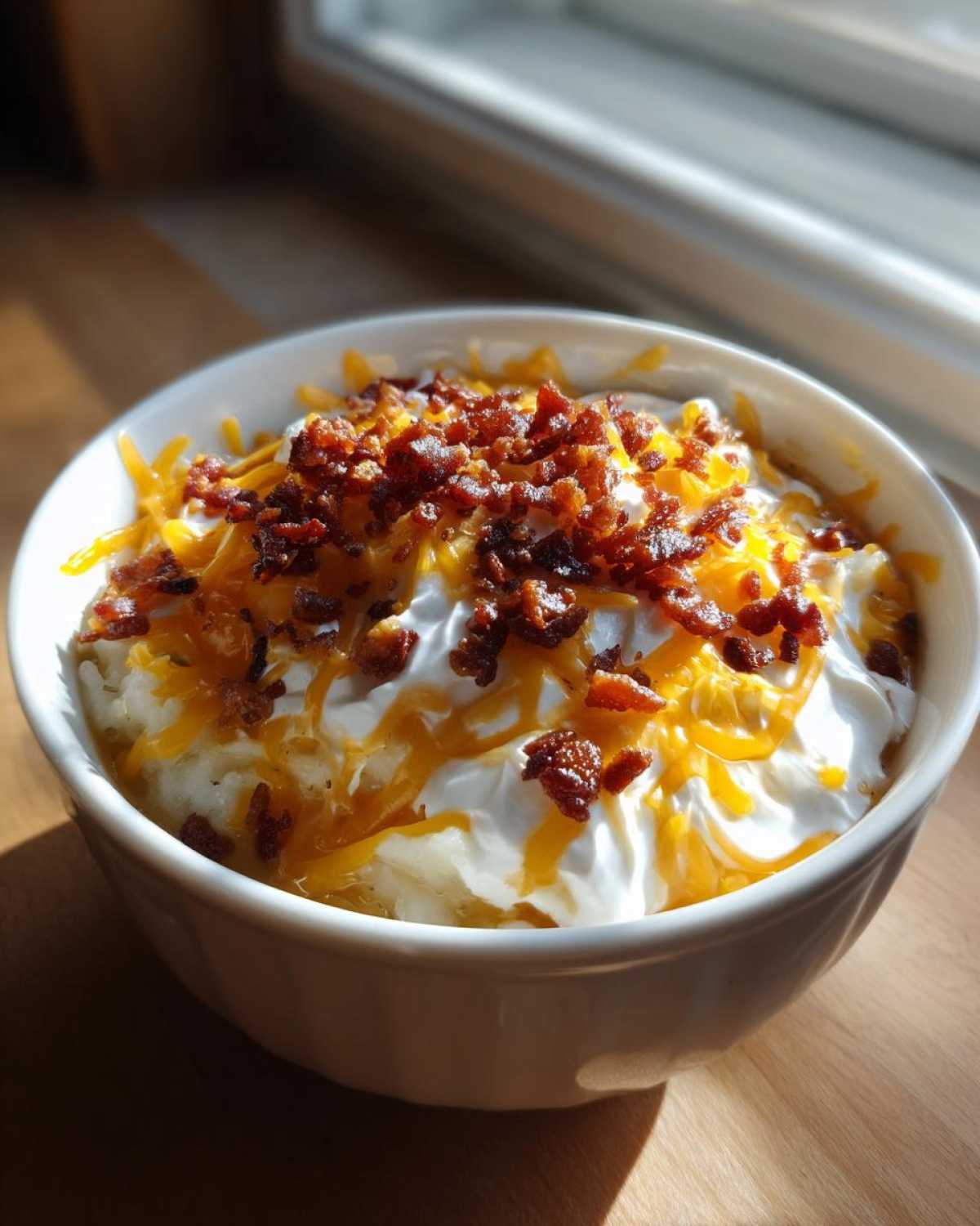 A white bowl filled with easy crockpot potato soup, topped with sour cream, shredded cheddar cheese, and bacon bits.