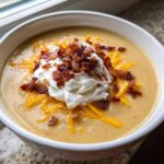 A close-up of a bowl of creamy easy crockpot potato soup topped with sour cream, shredded cheddar cheese, and bacon bits.