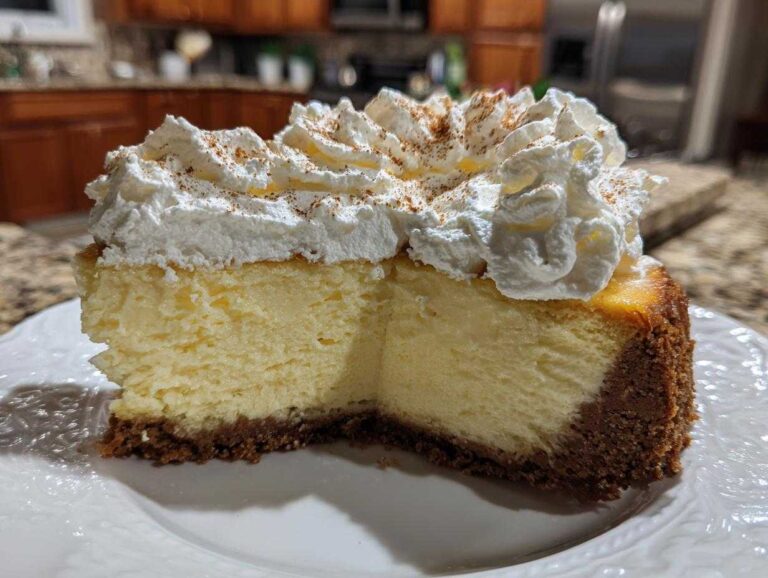 A close-up of a thick slice of eggnog cheesecake topped with whipped cream and sprinkled with cinnamon.