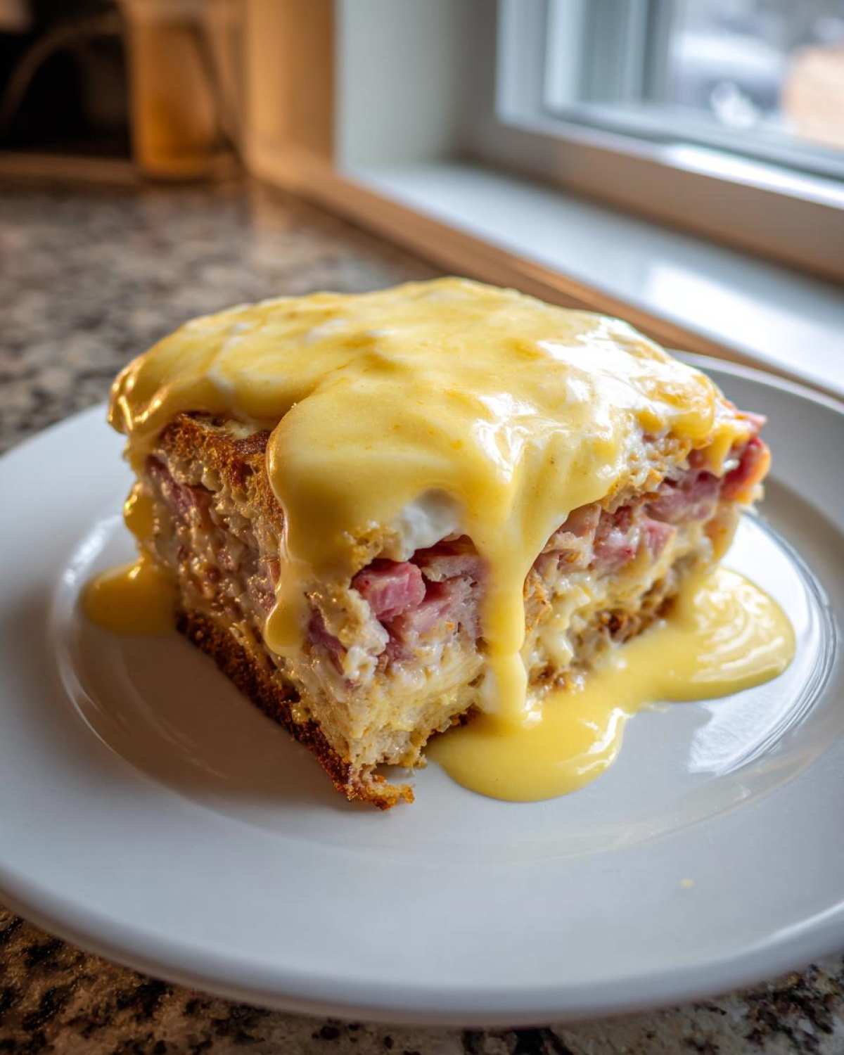 A decadent slice of eggs benedict casserole topped generously with rich, dripping hollandaise sauce.