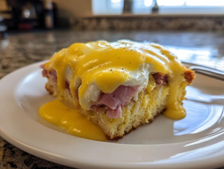 A close-up of a square slice of eggs benedict casserole topped with ham, egg, and dripping hollandaise sauce.