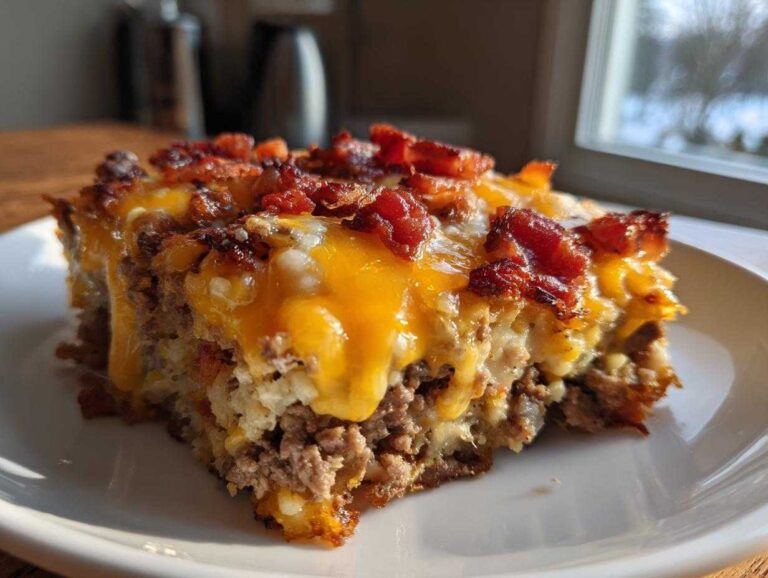 A close-up, featured image of a hearty slice of bacon cheeseburger casserole topped with melted cheddar and crispy bacon pieces.