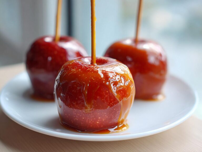Close-up of a shiny, red caramel apple with hot caramel sauce being drizzled on top, sitting on a white plate.