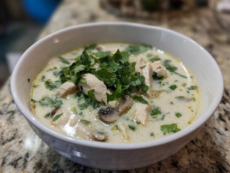 A close-up of a white bowl filled with creamy, savory coconut soup featuring chunks of chicken, mushrooms, and topped with fresh cilantro.