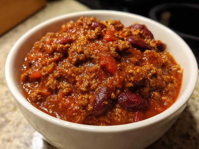 Close-up of a white bowl filled with rich, thick high protein chili featuring ground meat and dark red kidney beans.