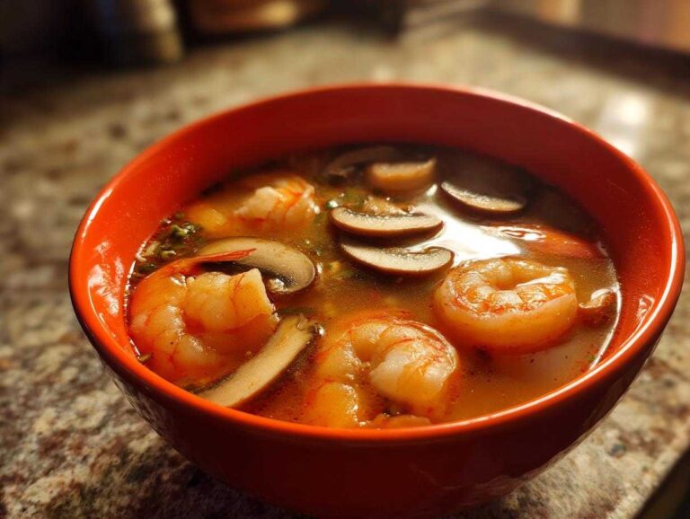 A vibrant orange bowl filled with steaming tom yum soup featuring large shrimp and sliced mushrooms.