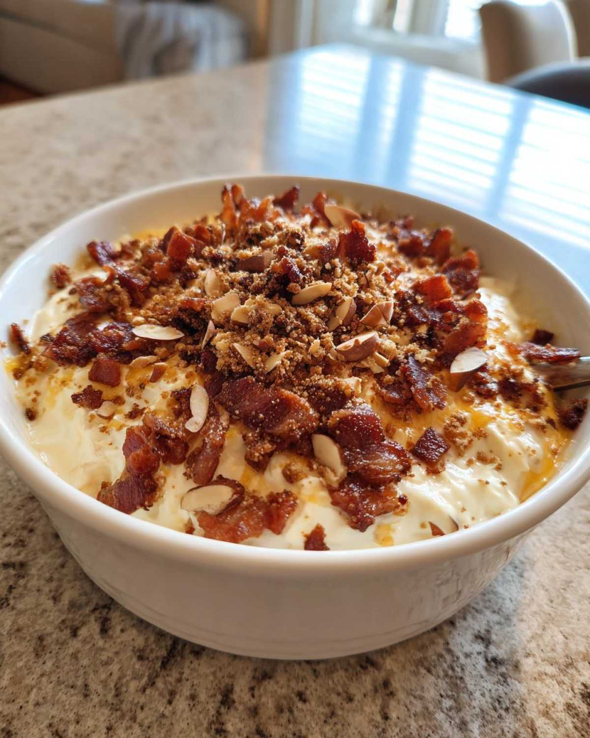 A white bowl filled with creamy Neiman Marcus dip, generously topped with crumbled bacon, slivered almonds, and brown sugar mixture.