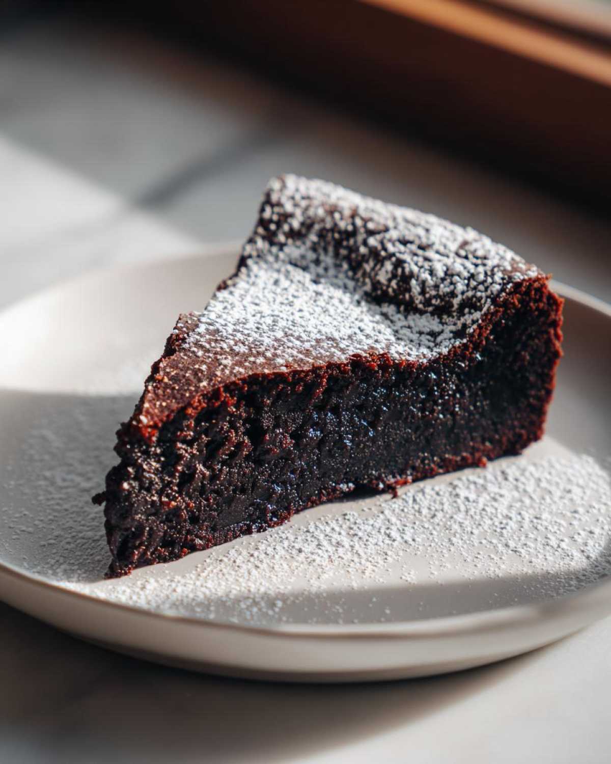 A decadent slice of flourless chocolate torte dusted heavily with powdered sugar, served on a light plate.