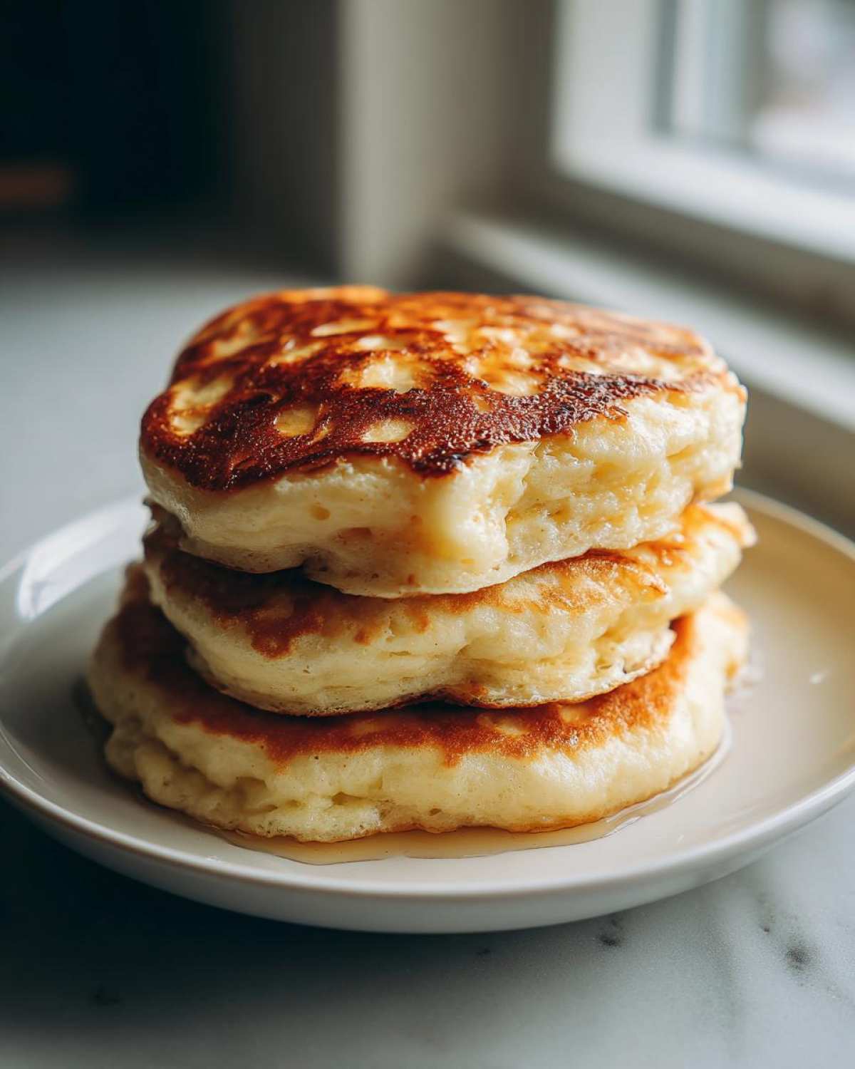 A close-up of a tall stack of three fluffy buttermilk pancakes drizzled with syrup on a white plate.
