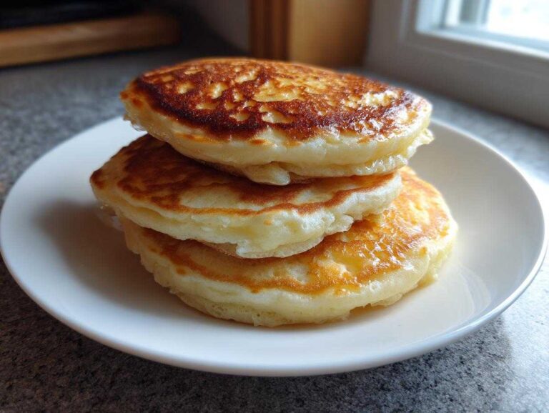 A close-up of three fluffy buttermilk pancakes stacked on a white plate near a window.