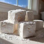 A stack of large, soft homemade marshmallows heavily dusted with powdered sugar sitting on a white surface.