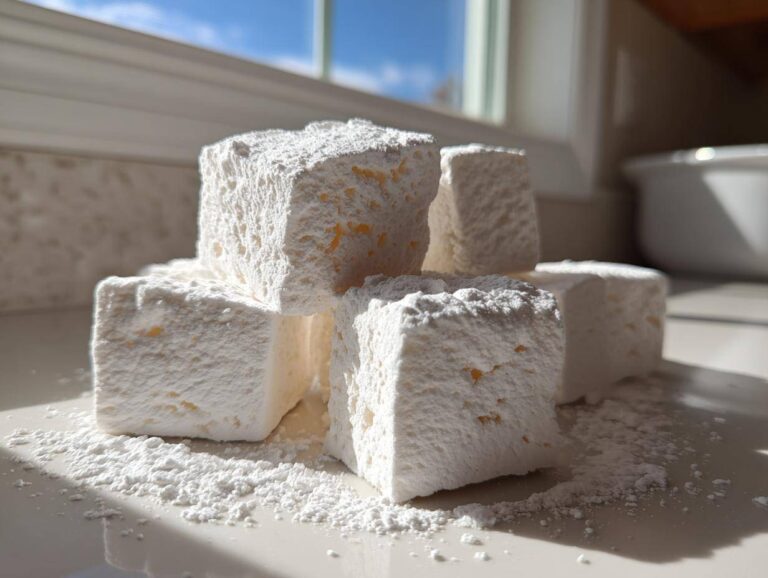 A stack of large, soft homemade marshmallows heavily dusted with powdered sugar sitting on a white surface.